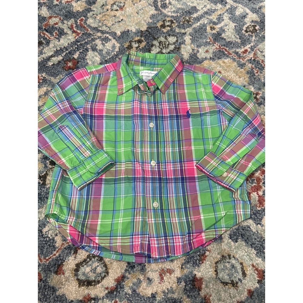 Ralph Lauren Button Down Kids 24M Green Pink Madras Plaid EUC‎